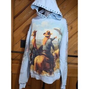 Stray Seafoam Cowboy UFO Graphic‎ Rhinestone Hoodie Mens Small NWT